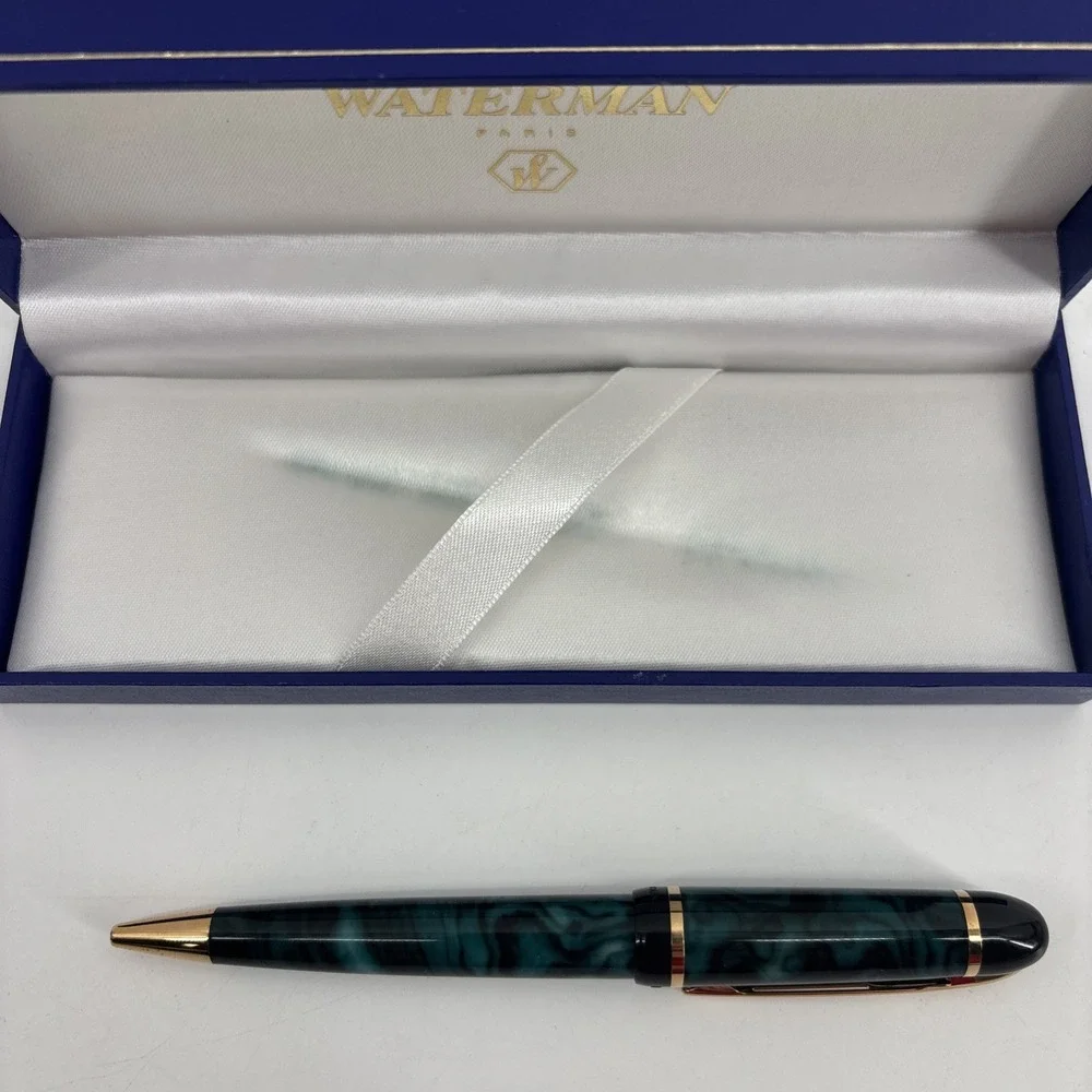 Waterman Phileas Ballpoint Pen Marble Green Gold Trim Blue Ink Vintage 90s